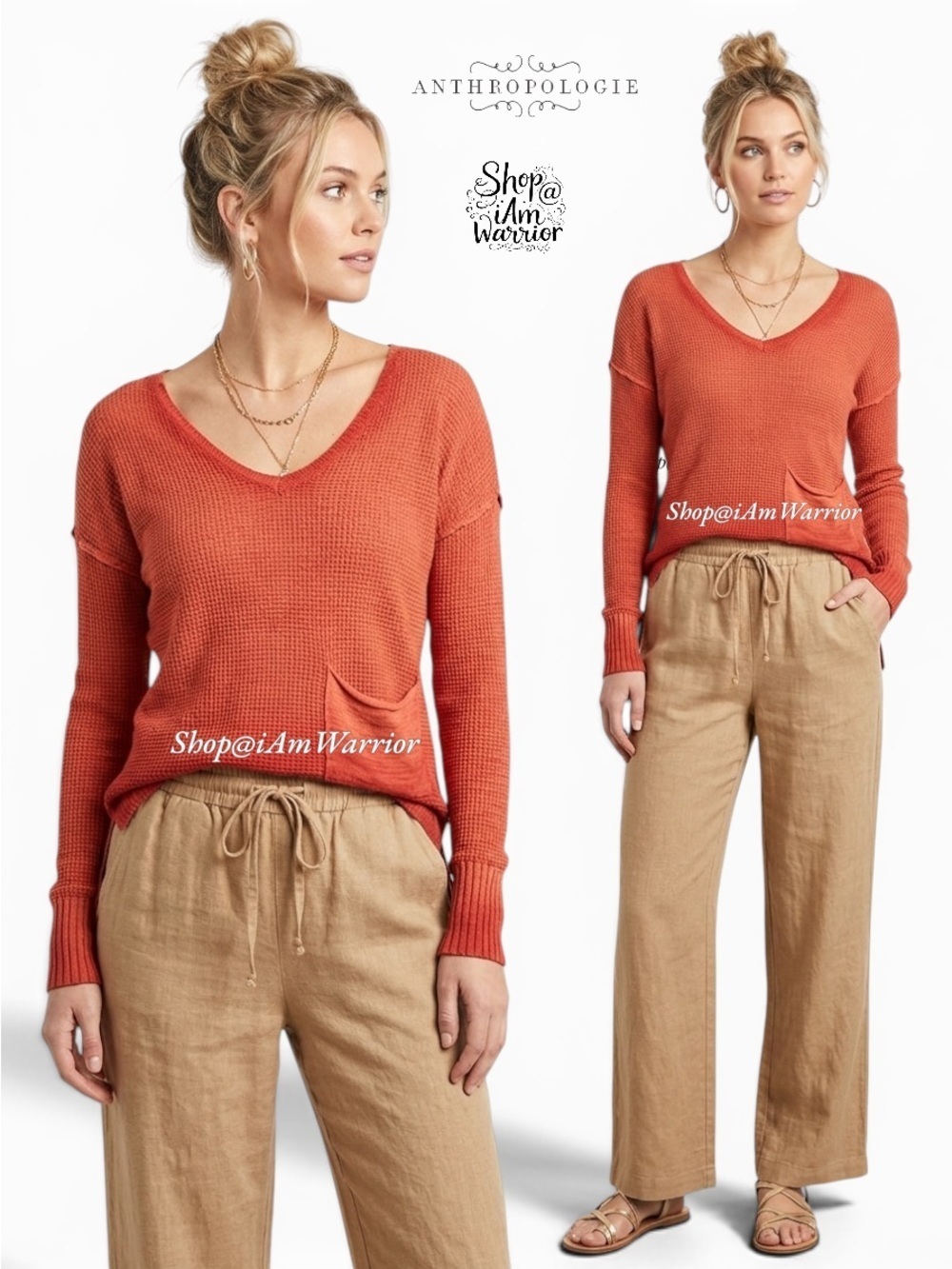 Anthro MOTH Coral Ombre Waffle Knit Slouchy Pocket Hi-Low Pullover Sweater